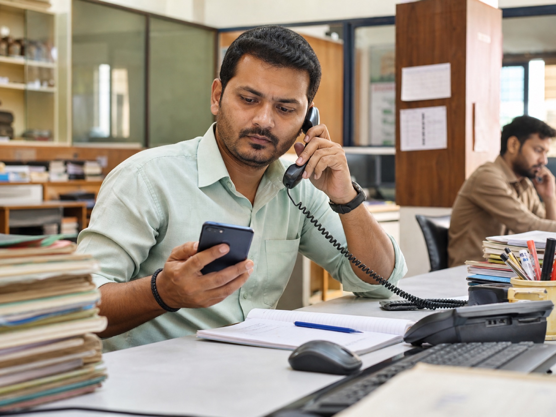A busy industrial sales desk handling phone and WhatsApp enquiries