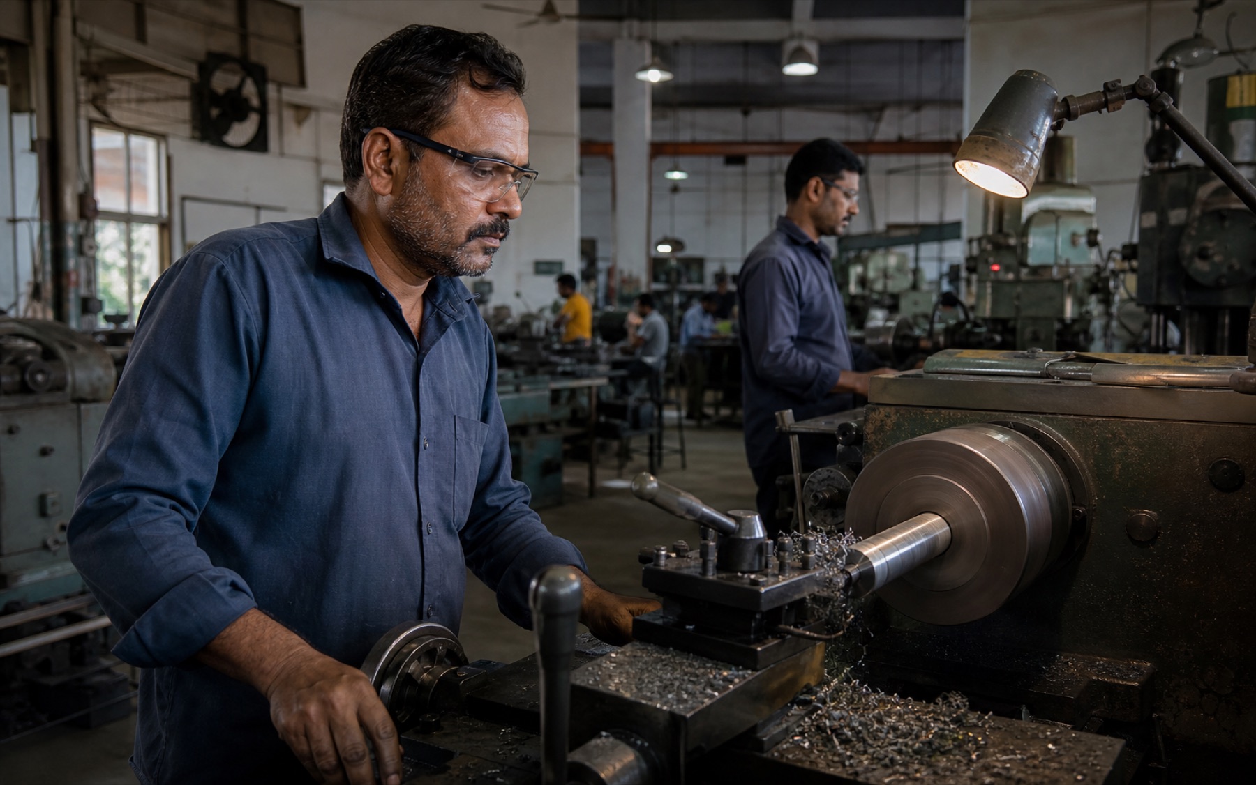 A lathe operator working inside a Gujarat engineering workshop