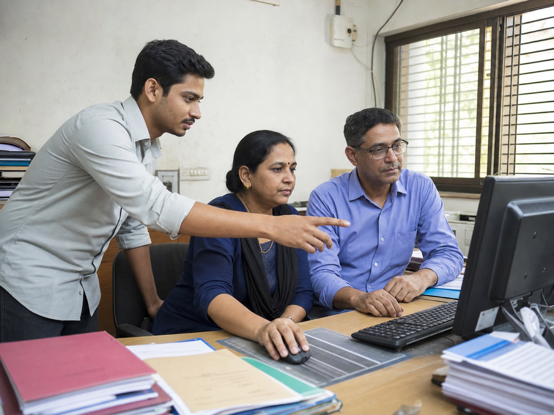Factory office staff learning a new process together at a computer