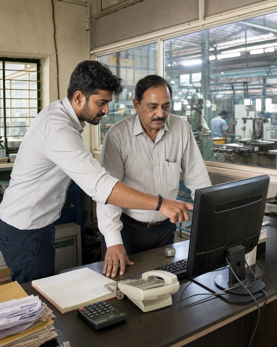 A factory owner and a younger team member reviewing work on a computer in a Gujarat machine shop office